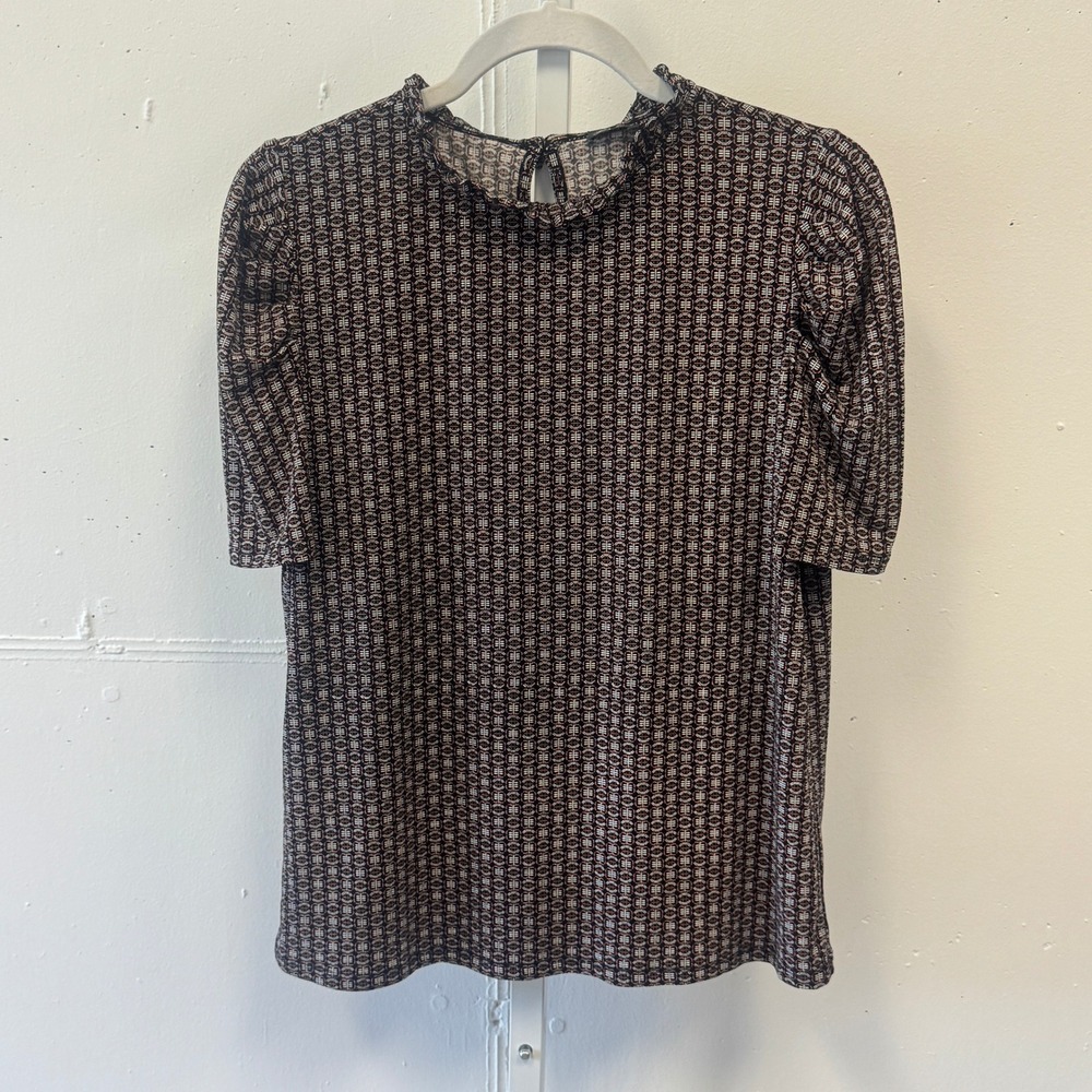 Adrianna Papell Geometric Print Ruffle Neck Puff Sleeve Blouse Black Rust Orange